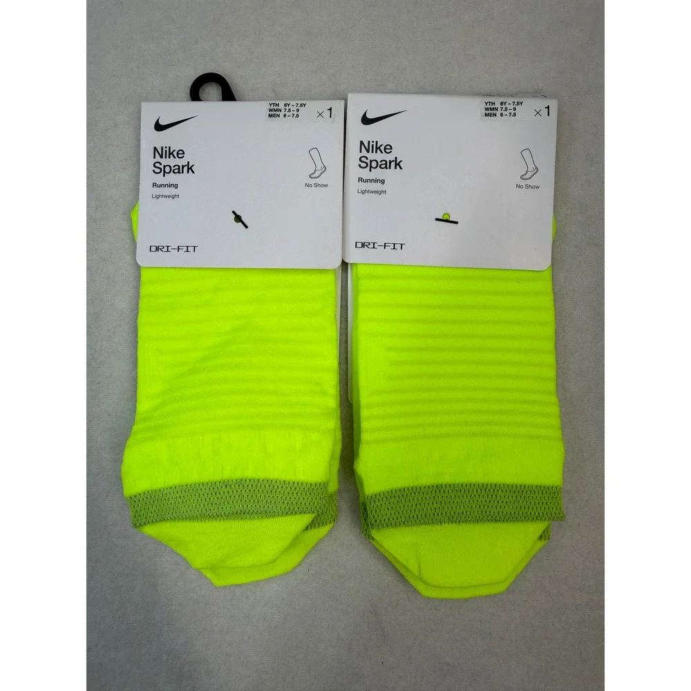 2 pair Nike Spark No-Show Running Socks Volt Yellow Mens 6-7.5 Womens 7.5-9 NWT